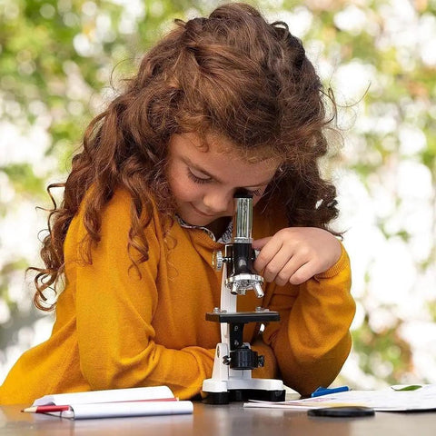 1200X Microscope STEM Kit With 52 Piece Set And Durable Metal Body For Kids Kid Friendly Awesome Science Exploration From 120X To 1200X Educational Microscope For Home Classroom, child using microscope