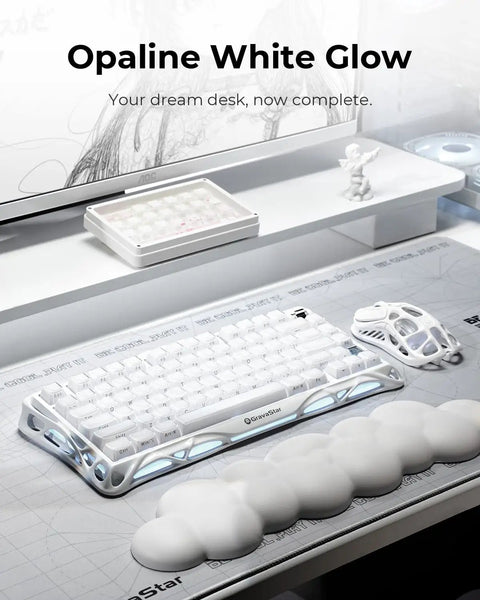 75 Percent Wireless Mechanical Gaming Keyboard With Dynamic Rgb Backlighting And Solid Aluminum Alloy Build In Clean Moonlight White Finish Providing Textured Pbt Keycaps For Locked In Gameplay That Hits Different placed on a sleek desk.