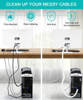 6.6 Foot White Braided Cable Sleeve Organizer For Desk TV PC And Home Office That Holds Four To Eight Cables With Self Wrap Design Cut To Size For A Clean Slick Cord Management Setup shown in before and after desk setup.