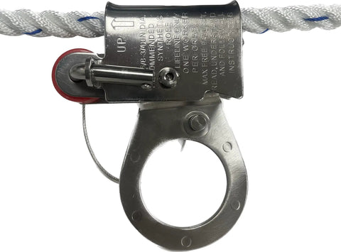 Pro Grade Automatic Energy Absorbing Rope Grab For Fall Protection 5/8-Inch attached to safety rope, side view with metal details