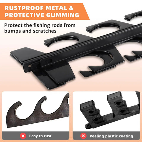 Heavy Duty Fishing Rod Rack Wall Or Ceiling Mount Set Holds Up To 10 Rods, Metal Tackle Storage Organizer With Protective Layers