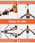 Instructions for using Heavy Duty 14 Inch Two-Handed Pop Rivet Gun Kit With 210 Rivets And Five Nosepieces for metal work.