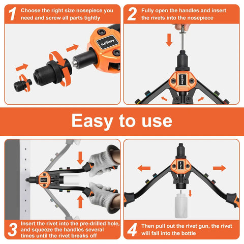Instructions for using Heavy Duty 14 Inch Two-Handed Pop Rivet Gun Kit With 210 Rivets And Five Nosepieces for metal work.