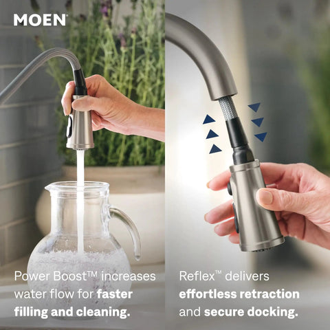 Traditional One Handle Kitchen Faucet In Spot Resist Stainless With Pull Down Sprayer Power Boost Quick Rinse Reflex Retractable Hose shown using power boost for filling jug.