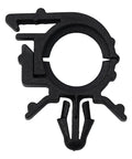 Black nylon push mount clip from the 45 Piece Zip Tie And Wire Harness Clip Kit for securing wiring in auto engine bays.