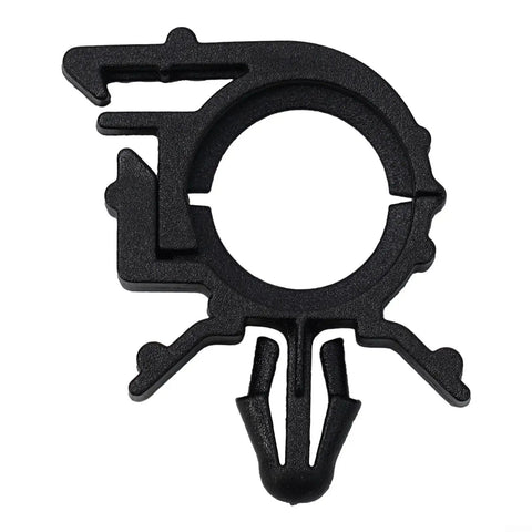 Black nylon push mount clip from the 45 Piece Zip Tie And Wire Harness Clip Kit for securing wiring in auto engine bays.