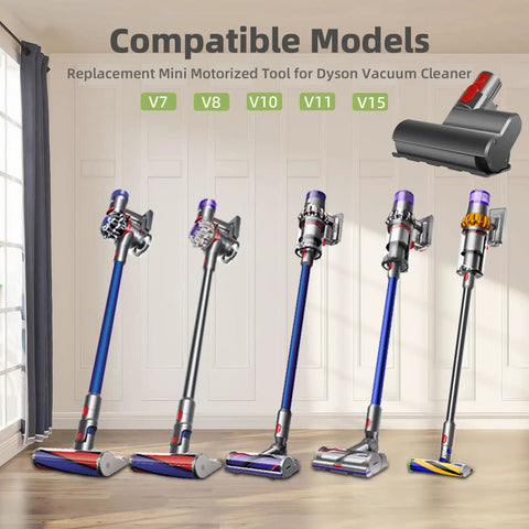 Mini Brush Head Tool For Cordless Vacuum Cleaners V7 V8 V10 V11 V15 with vacuums lined up, showcasing compatibility.