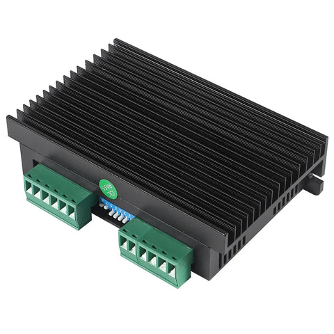 DM542 stepper motor driver module, black aluminum heatsink, green terminal blocks, front view