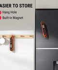 Digital Instant Read Meat Thermometer with hang hole and magnet, shown stored on wall and refrigerator.