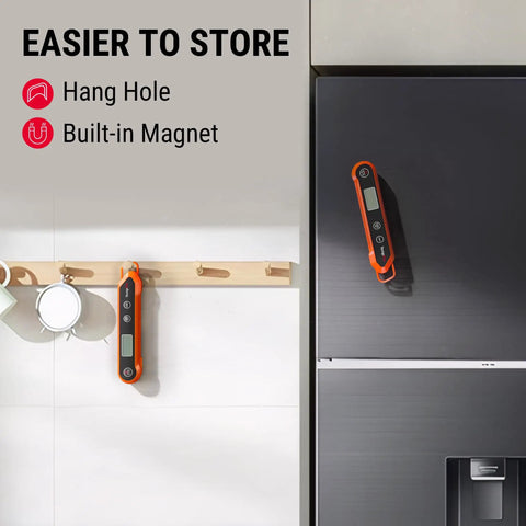 Digital Instant Read Meat Thermometer with hang hole and magnet, shown stored on wall and refrigerator.