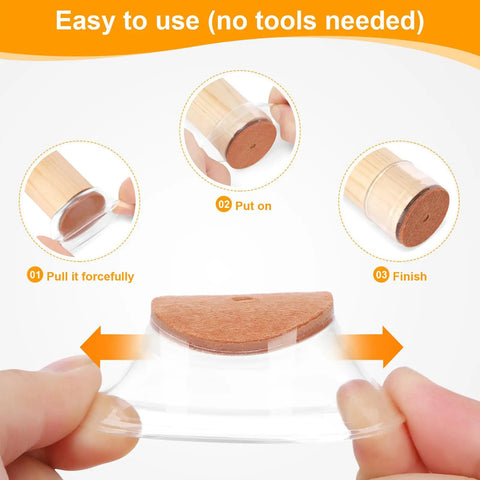 Steps to apply 36 Pack Chair Leg Floor Protectors With Silicone Felt Pads For Hardwood Floors, showing hands fitting protector.