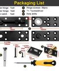 Packaging list showing parts of heavy duty hidden door hinges with 600 lbs load rating, thickened solid steel, waterproof finish, pivot kit.