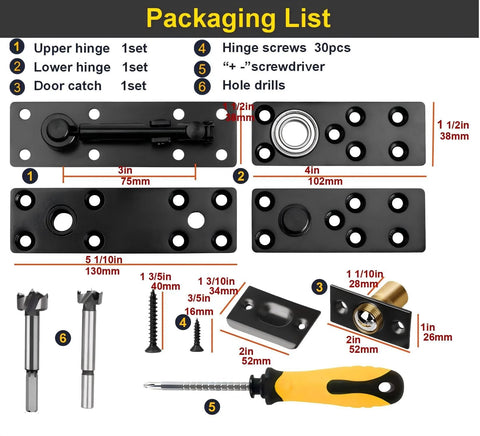 Packaging list showing parts of heavy duty hidden door hinges with 600 lbs load rating, thickened solid steel, waterproof finish, pivot kit.