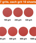 Detail Sander Sandpaper Set 140x100mm 180 To 1000 Grits With Hook And Loop Backing 5 Hole Design For Palm Sanders 70 Sheets Great For Quick Sanding Polishing And Finishing Projects showing different grit levels from 180 to 1000.