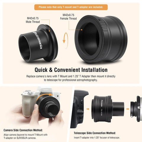Canon Compatible T2 Mount Lens Adapter for EOS M Cameras With M42 to 1.25 Inch Telescope Adapter, installation guide shown