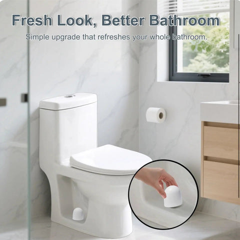Four Pack Toilet Bolt Caps Set 1.44 Inch High Plastic Screw Covers installed in modern bathroom