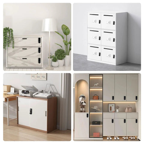 Various furniture setups featuring Rock Solid Electronic Cabinet Deadbolt Digital Touch Keypad Password Lock keyless entry panels.