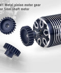 Heavy Duty Hardened Steel Pinion Gear Sets For One-Tenth RC Brushless Motor, Mod One Pitch, 5mm shaft, shown installed