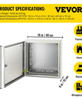 Product image showing open NEMA 4X Steel Enclosure For Electrical Gear, 16 By 16 By 6 Inches, with dimension details and use icons.