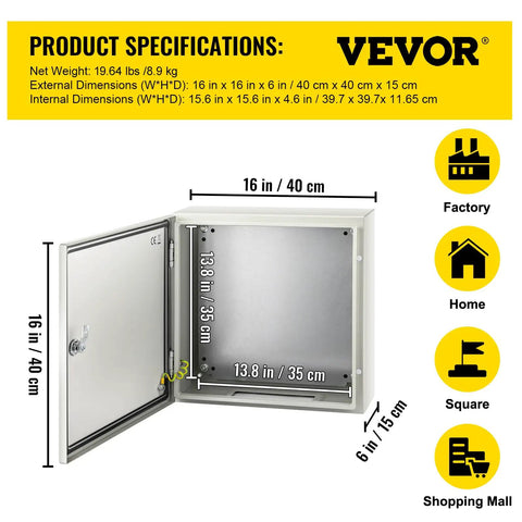 Product image showing open NEMA 4X Steel Enclosure For Electrical Gear, 16 By 16 By 6 Inches, with dimension details and use icons.
