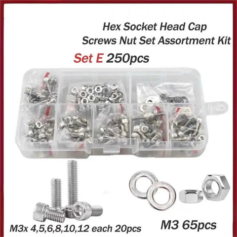 Go-To Stainless Steel Socket Head Cap Screws Kit With Allen Hex Drive Fasteners, Full Nuts And Gasket Set, Heavy-Duty M1.6 Through M5 Bolt Assortment For Auto DIY And Machine Projects., M3 screw kit in partitioned case with nuts and washers
