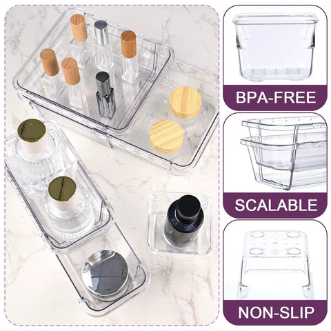 14 Piece Clear Drawer Organizer Set With 3 Adjustable Bin Sizes Acrylic Storage Bins for Makeup and Kitchen Utensils