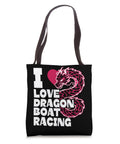 I Love Dragon Boat Racing Tote Bag For Paddlers And Dragon Boat Teams featuring dragon design on black fabric with handles
