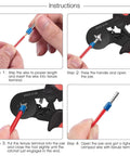 Step-by-step guide for Heavy Duty Wire Ferrule Crimping Tool Kit showing insulated terminal crimping process.