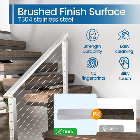 Top Shelf Heavy Duty Six Foot Six Inch Brushed Stainless Steel Flat Handrail For Cable Railing Systems with brushed finish.