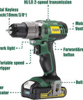 DIY Ready Home Tool Kit With Drill Driver showing features like metal keyless chuck, motor vents, LED light, and belt clip.
