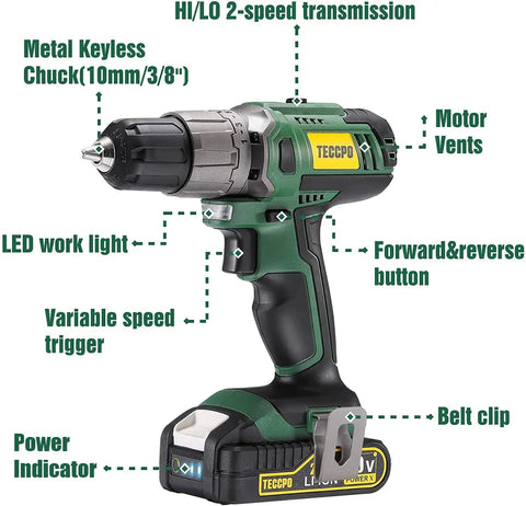 DIY Ready Home Tool Kit With Drill Driver showing features like metal keyless chuck, motor vents, LED light, and belt clip.
