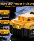Smart LED power indicator on Rugged 6.0Ah 20 Volt Rechargeable Battery 2 Pack Compatible With DeWalt Power Tools shows charge levels.