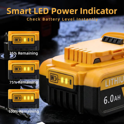 Smart LED power indicator on Rugged 6.0Ah 20 Volt Rechargeable Battery 2 Pack Compatible With DeWalt Power Tools shows charge levels.