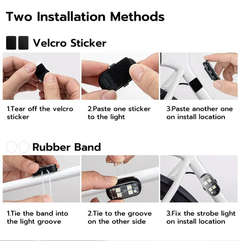 Wireless LED Strobe Lights Kit Four Lamp Beads With USB Waterproof Remote installation with velcro and rubber band methods