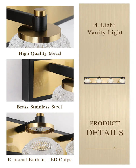 Sleek 4 Light Dimmable Bathroom Vanity Light Fixture Over Mirror, Modern LED Acrylic Wall Lights In Black And Gold, close-up details