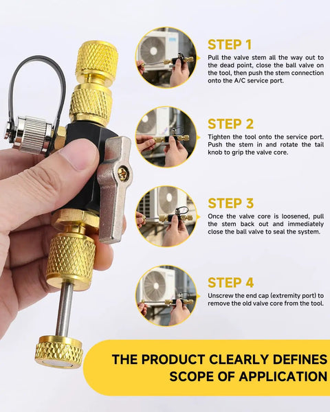 All-In-One 1/4 And 5/16 Inch Dual Valve Core Removal Tool Kit With Mega Flow 20 Micron Vacuum Rated Core Remover steps displayed