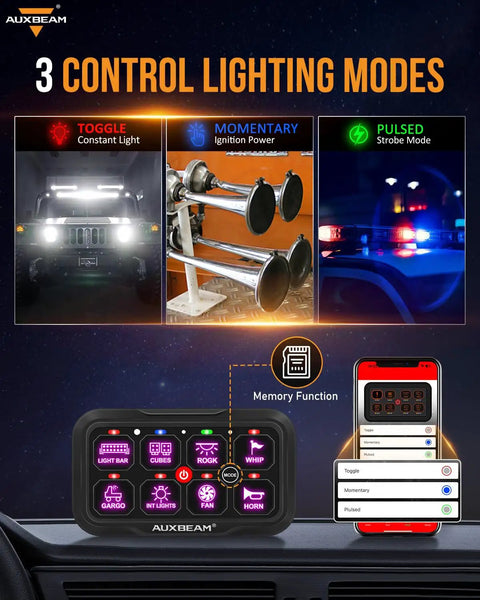 Three control lighting modes for the Eight Gang Bluetooth RGB Switch Panel With App Control, showing toggle, momentary, and pulsed modes.