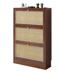 Ultra Slim Wooden Shoe Rack With Swinging Doors And Wide Top Counter Built For Tight Hallways And Mudrooms To Keep Your Kicks Stacked In A Super Slick Walnut Finish.
