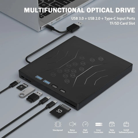 7 In 1 External CD DVD Drive For Laptop With USB 3.0 And Type C Support, Fast Data Transfer Up To 5 Gbps, Backward Compatible With USB 2.0 And USB 1.1, Reads And Burns CDs And DVDs, Plug And Play, Portable External Drive, black hub with SD and TF slots