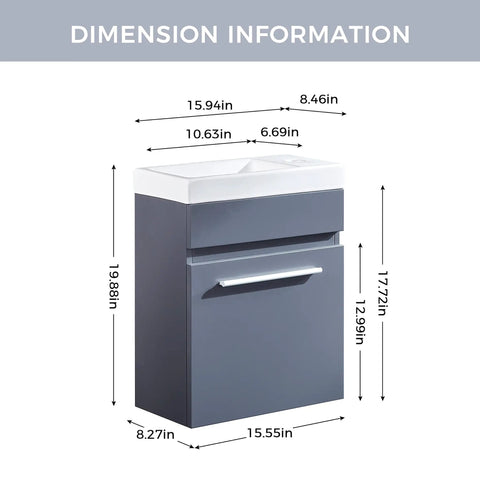 Dimensions diagram of a 16 Inch Bathroom Vanity With Sink, White Ceramic Vessel, Wall Mounted Storage Cabinet, Modern Gray MDF Vanity.