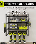 Four Tier Heavy Duty Power Tool Organizer With Wall Mount Drill Holder And Storage Rack For Cordless Drills Screwdriver Pliers And Hammer Holders Garage Shop Tool Shelf For Maximum Organization loaded with tools and labeled 150lb.