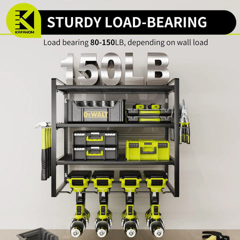Four Tier Heavy Duty Power Tool Organizer With Wall Mount Drill Holder And Storage Rack For Cordless Drills Screwdriver Pliers And Hammer Holders Garage Shop Tool Shelf For Maximum Organization loaded with tools and labeled 150lb.