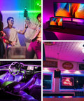 Unwired 4 Pin RGB LED Strip Connectors Kit used in a party room, computer desk, car interior, and diner for vibrant lighting effects