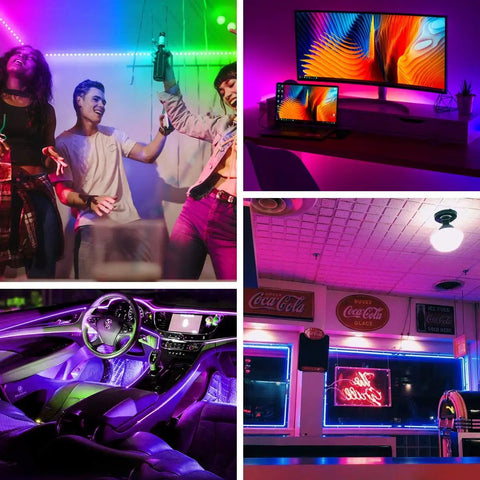 Unwired 4 Pin RGB LED Strip Connectors Kit used in a party room, computer desk, car interior, and diner for vibrant lighting effects