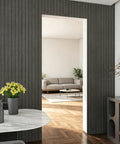 Grey Peel And Stick Wood Wall Panels 3D PVC Wood Slat Wallpaper Renter Friendly decor in modern living space with doorway.