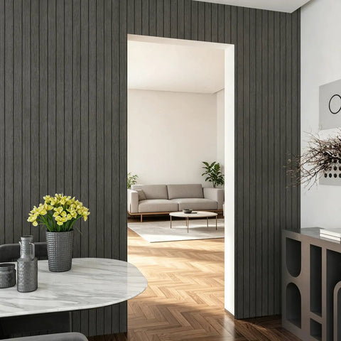 Grey Peel And Stick Wood Wall Panels 3D PVC Wood Slat Wallpaper Renter Friendly decor in modern living space with doorway.