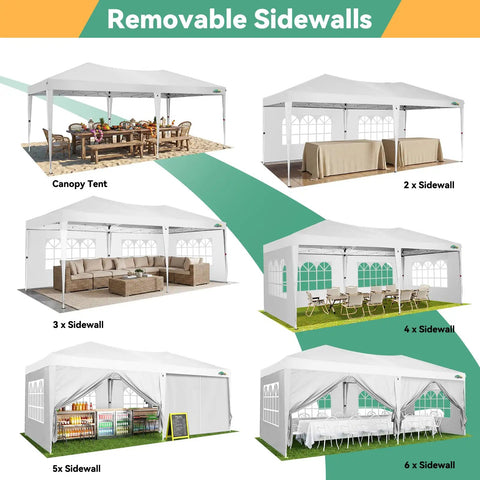Various setups of 10x20 Ft Pop Up Canopy Tent With Removable Sidewalls For Parties And Events, Easy One Push Setup