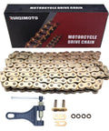 Gold 520 O Ring Chain 114 Links With Chain Breaker For Dirt Bikes ATVs UTVs 4 Wheelers Heavy Duty Master Link Beefs Up Your Ride With 7870 Lbs Tensile Strength Fits 520HV 114 Link Chains Up To 450cc displayed with toolkit