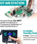Pro Grade 2 In 1 Soldering Iron Station with Hot Air Rework, showing digital temperature calibration and standby mode features.