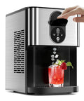 Nugget Ice Maker Countertop With Soft Chewable Ice, Delivers 44 Lbs A Day dispensing ice into a red drink, stainless steel design.